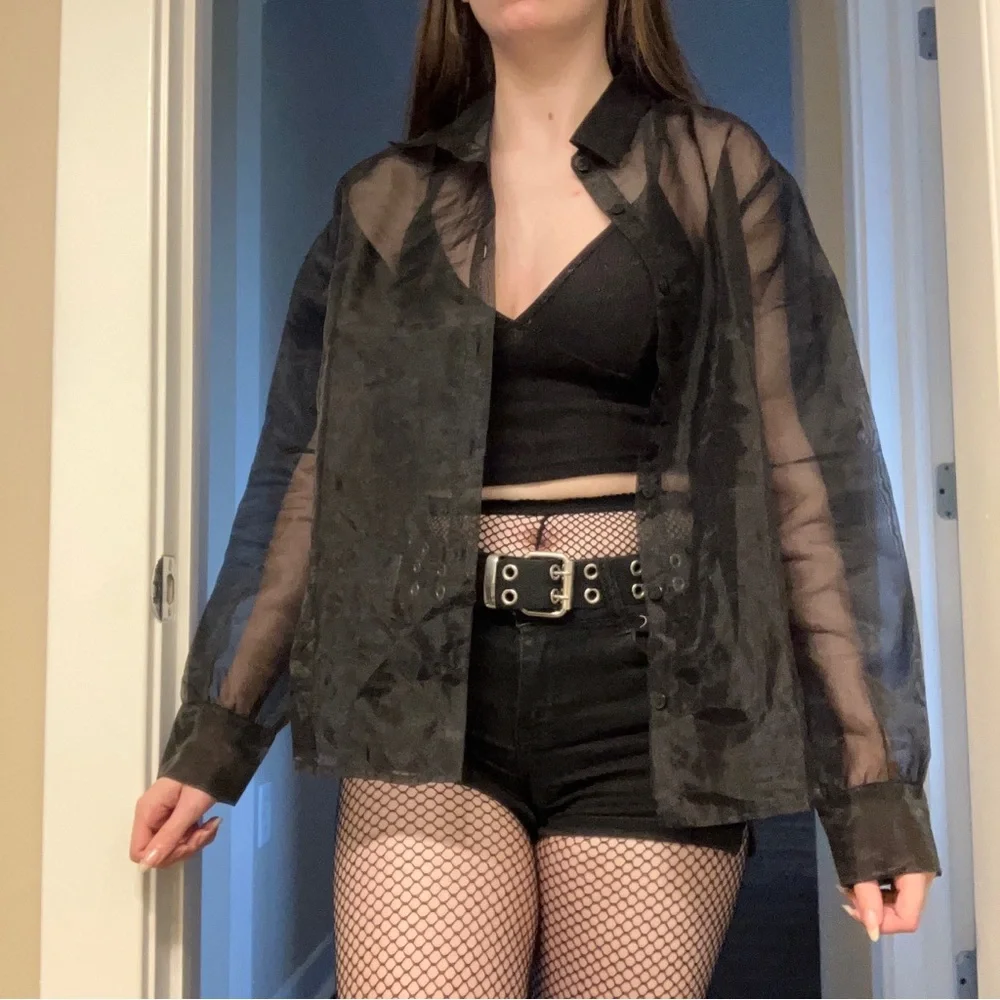 NEW BEAUTIFUL RARE GOTH BLACK MESH BUTTON UP TOP - Picture 16 of 16